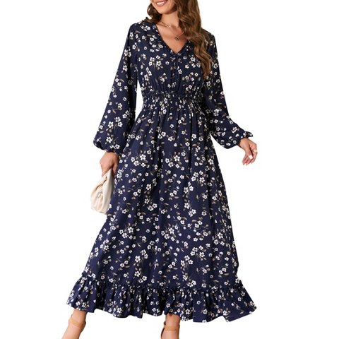 Женские платья YesFashion Casual V Neck Boho Floral Print Wedding Guest Maxi Dresses for Women Bohemian Flowy Maxi Dress Dark Blue M