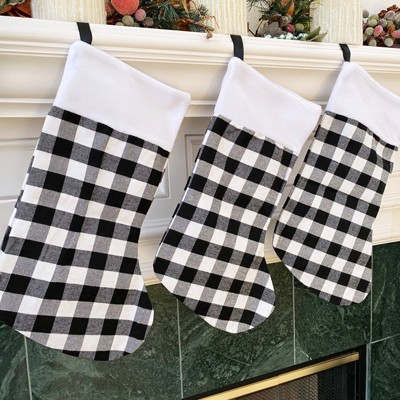 Set of 3 Black Buffalo Plaid Christmas Stockings with White Plush Cuff