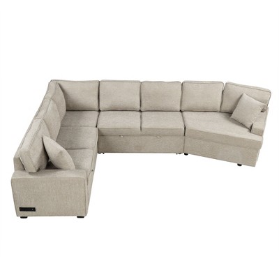 VYNXARIA 126in L-shaped Sofa Sectional Sofa Couch Pull-out Sofa Bed with Charging Devices and Cup Holders for Living Room, Beige
