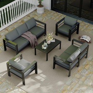 7 Seats Aluminum Patio Furniture Set, 5 Pieces Outdoor Sectional Conversation Set Sectional Sofa with 4" Armrest & 5" Thick Cushions & Coffee Table - 1 of 4