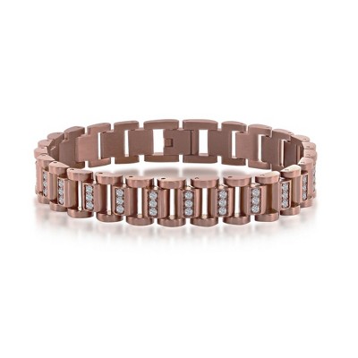 Metallo Mens Stainless Steel Linked CZ Bracelet - Copper Plating - Brown - 8.5 Inch