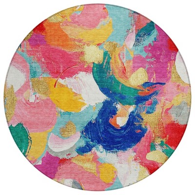 HomeRoots 8' Blush Gold And Teal Blue Round Abstract Washable Indoor Outdoor Area Rug