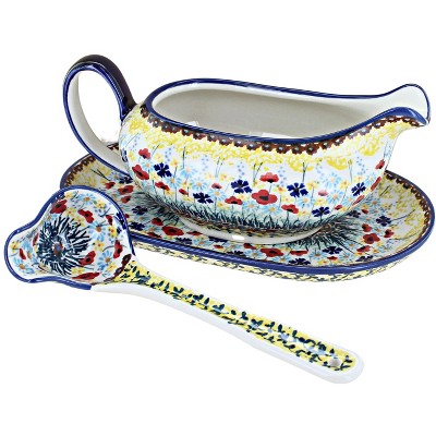 Blue Rose Polish Pottery S119 Manufaktura Gravy Boat Plate & Ladle