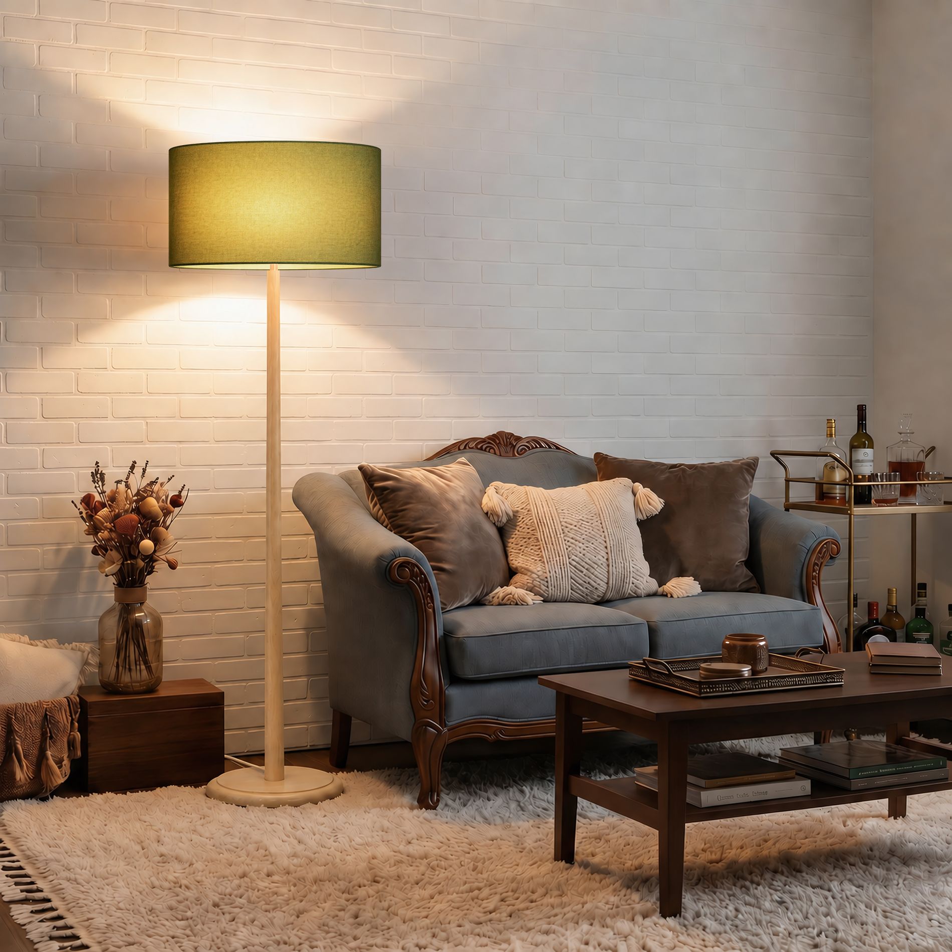 61" Natural Wood Standing Floor Lamp With Green Linen Drum Shade, UL Listed Foot Step Switch Contemporary Decor Lamp For Living Room Bedroom Office