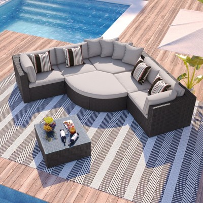 SKRAN 7-piece Outdoor Wicker Sofa Set, Rattan Sofa Lounger, With Colorful Pillows, Conversation Sofa, For Patio, Garden, Deck, Brown Wicker