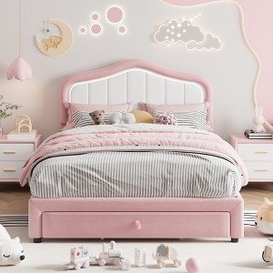 Twin XL/Full Upholstered Bed Frame with Led Lights and Storage Drawer, Velvet Led Bed Frame with Headboard for Kids, Girls, Boys - 1 of 4