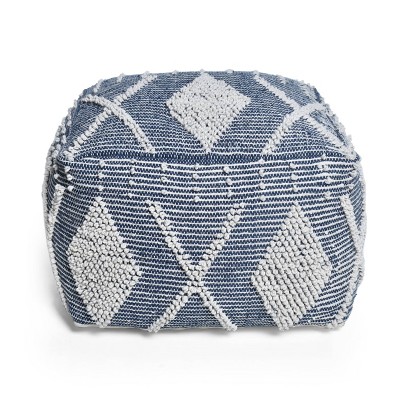 Square Brinket Large Contemporary Handcrafted Faux Yarn Pouf Ivory/Navy Blue - Christopher Knight Home