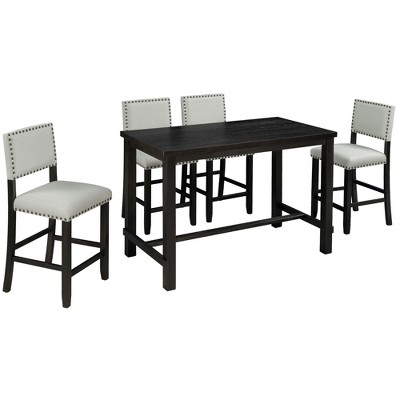 VYNXARIA 5-Piece Counter Height Dining Set, Classic Elegant Table and 4 Chairs in Espresso and Beige