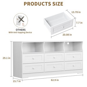 6 Drawer Dresser for Bedroom, 62.9"W Wood Chest of Drawers with Power Outlets, Large Dresser TV Stand, Clothes Storage Organizer for Bedroom - 1 of 4