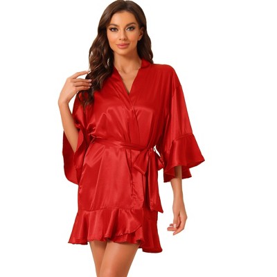 cheibear Women's Satin One Piece Pajama Silky 3/4 Sleeves Tie Waist Loungewear Robes