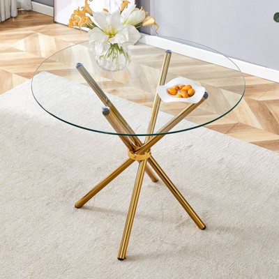36.6" Round Dining Table with Tempered Glass Tabletop Modern Circle Kitchen Table Glass Table with Metal Legs for Kitchen, Dining Room, Office