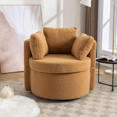 34" Swivel Accent Chair Upholstered Swivel Barrel Chair With Storage,Teddy Boucle Chair,Bucket Chair With Pillows-Maison Boucle