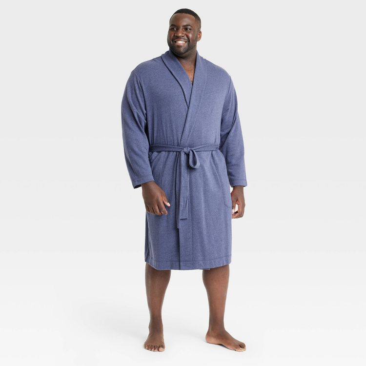 Blue colored knee-length robe with long sleeves and a tie belt.