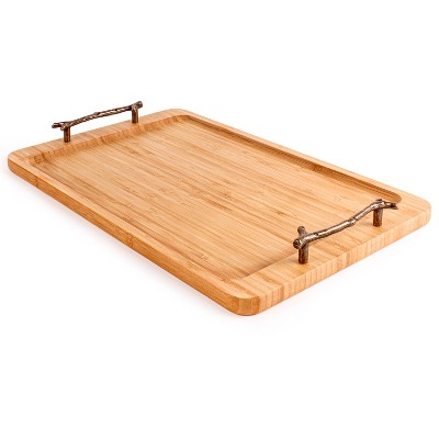 Bamboo Serving Tray with Wrought Iron Handles, 15.5"