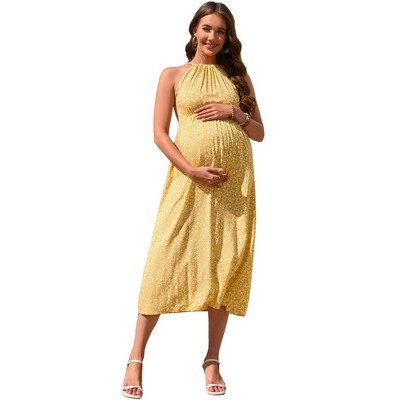 Women's Maternity Halter Neck Casual Summer Boho Dress Sleeveless Ruched Back Strap Flowy Midi Dress for Photoshoot Baby Shower