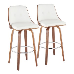 Set of 2 30" Faux Leather Mid-Century Modern Barstools with Wood Legs, Round Metal Footrest, and 360¡ã Swivel for Kitchen - 1 of 4