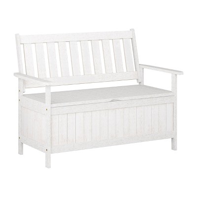 Whitewashed Shorea Wood Outdoor Storage Bench with Slatted Back