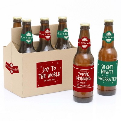 Big Dot of Happiness Red and Green - Holiday Decorations for Women and Men - 6 Beer Bottle Label Stickers and 1 Carrier