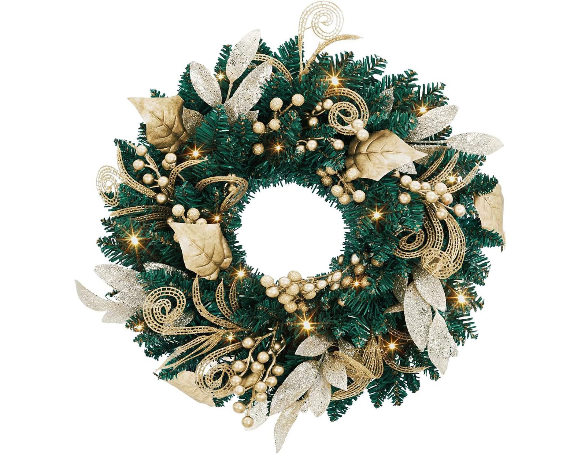 Gaomon 18 Inch Pre-Lit Christmas Wreath, Artificial Christmas Wreath with LED Lights, Battery Operated Holiday Wall Decors