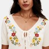 Knit & Lounge Women’s Embroidered Floral Detail Knit Top with Tie Front Short Sleeves Deep V Neck Lightweight - 2 of 4