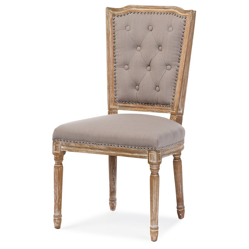 Estelle Chic Rustic French Country Cottage Weathered Oak Beige Fabric Button-tufted Upholstered Dining Chair - Baxton Studio, 1 of 9