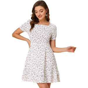 INSPIRE CHIC Women's Square Neck Ruffle Trim Short Sleeve Floral Dress - 1 of 4