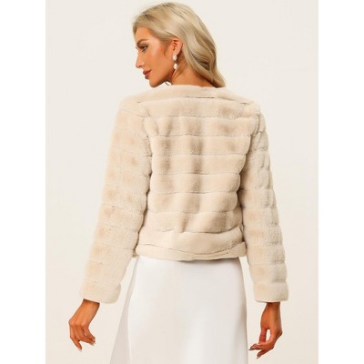Allegra K Women's Winter Cropped Fluffy Long Sleeve Collarless Faux Fur Coat X-Small Apricot — фото 5