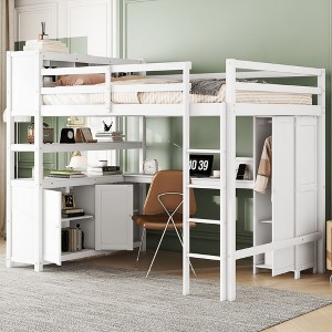 NicBex Full Size Bunk Bed with Desk Pine Frame Bed Frame with Storage Cabinet, Wardrobe, Bedside Table, Guardrails and Ladder, Space Saving - 1 of 4