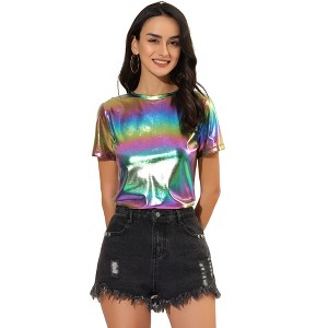 Allegra K Women's Party Metallic Short Sleeve Textured Shiny T-shirts - 1 of 4