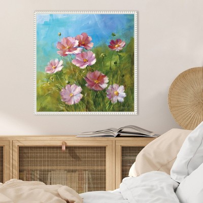 Summer Field Pink Flowers Canvas Print with White Frame