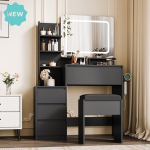 Jojoka Modern LED Vanity Desk for Bedroom, 3-Light Modes, 4 Drawers, Charging Hub & Stool – 36-Inch Makeup Table - 1 of 4