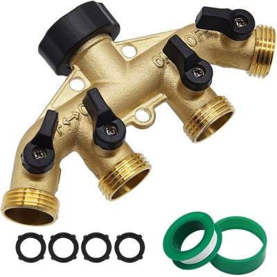 VisioGear Garden Hose Splitter 4 Way, Garden Hose Adapter with 4 Valves, Gold & Black, 6.5"*1"*3.2"