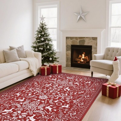 Christmas Washable Area Rug, Xmas Foldable Festive Decor Indoor Mat, Low Pile Stain Resistant Floor Carpet for Living Room, Bedroom