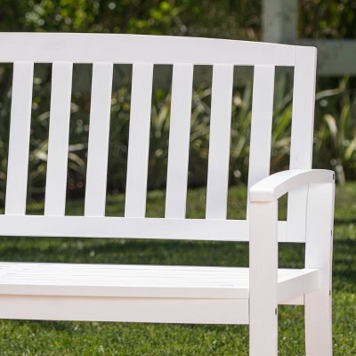 White Acacia Wood Outdoor Patio Bench with Slatted Back