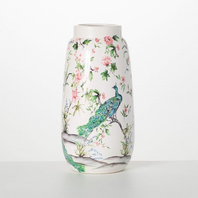 Sullivans 12.25" Peacock & Floral Ginger Vase, Ceramic