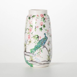 Sullivans 12.25" Peacock & Floral Ginger Vase, Ceramic - 1 of 3
