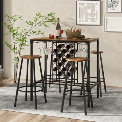 Rustic Brown and Black Industrial Pub Table Set with Wine Rack and Glass Holder