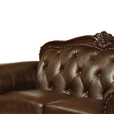Elegant Brown Faux Leather Tufted Loveseat with Rolled Arms and Nailhead Detail