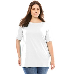 Woman Within Perfect Cuffed Elbow-Sleeve Boat-Neck Tee - 1 of 4