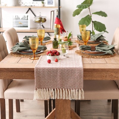 Cinnamon and Off-White Cotton Chevron Table Runner with Fringe