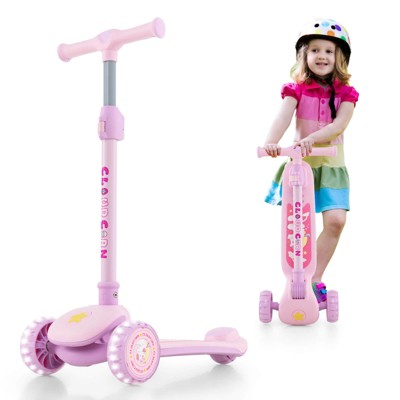 Infans Kick Scooter, Folding Lightweight Toddler Scooter w/LED Lighted Wheels, Adjustable Handlebar, Lean to Steer, Extra Wide Deck & Rear Brake, Pink