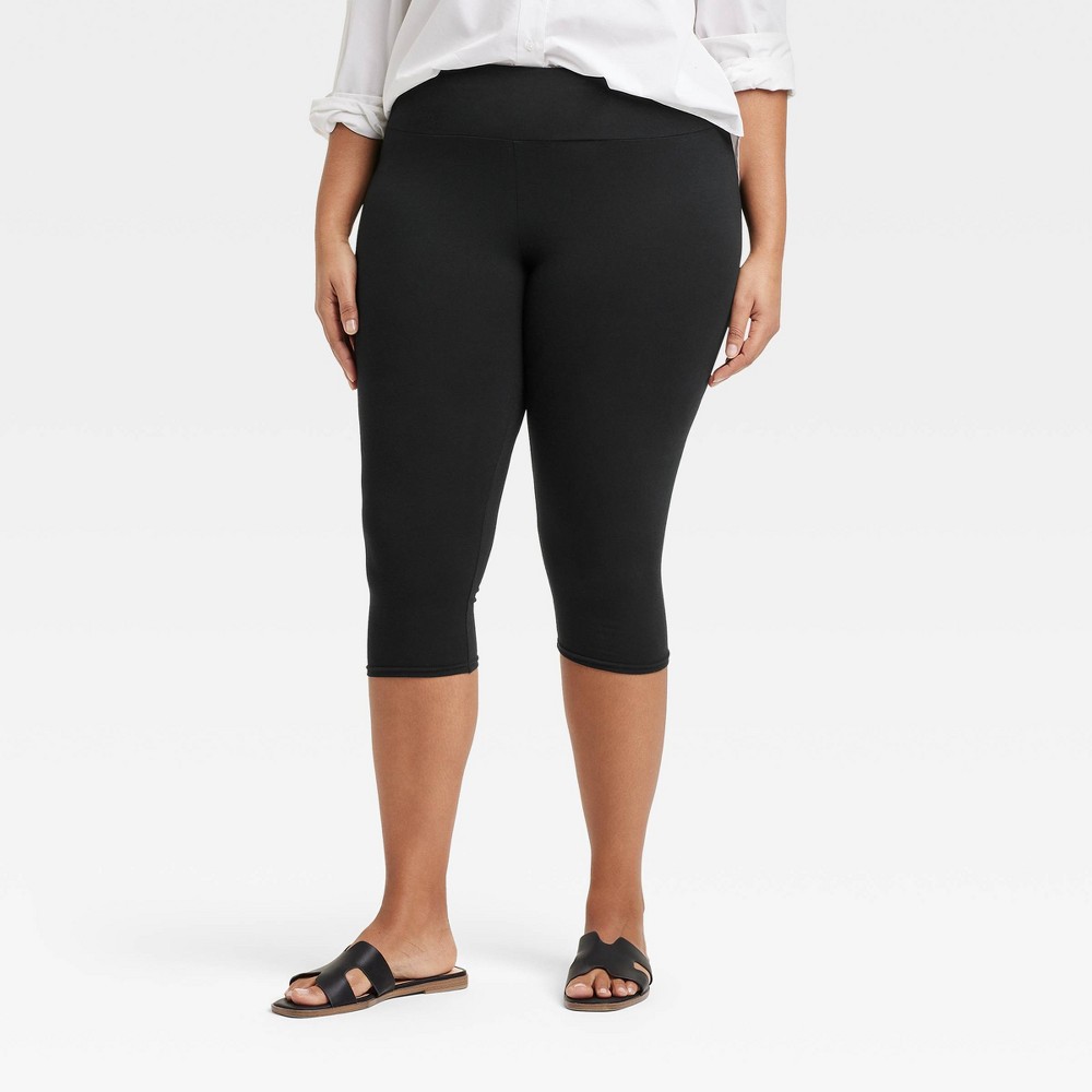 Women's High Rise Cotton Capri Leggings - A New Day™ Black 1X: Midweight, Wide Waistband, Stretch Woven