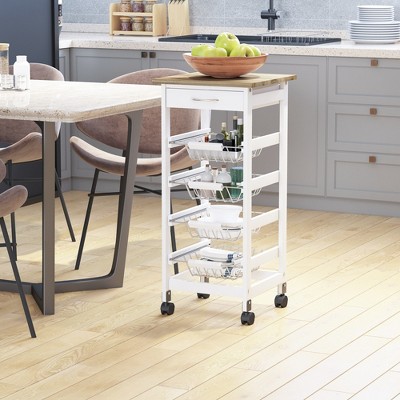 White Wood Kitchen Cart with Storage and Spice Rack