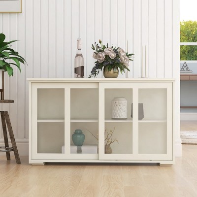 Kitchen Storage Cabinet With Doors And Adjustable Shelves, Elegant Black Sideboard Buffet With Glass Sliding Doors-The Pop Home