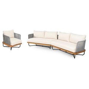 Christopher Knight Home Raphael 3 Piece Outdoor Rope Woven and Acacia Wood Sectional Sofa Set with Water-Resistant Cushions - 1 of 4