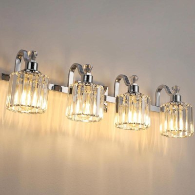 4-Light Modern Crystal Bathroom Light Fixtures-Chrome Vanity Lights Crystal Splicing with Metal Support,Bathroom Lighting Fixtures Over Mirror Vanity