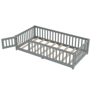 SEVOBAL Kids Bedroom Twin Size Floor Bed Frame With Safety Guardrails Door Removable Slats No Box Spring Needed for Kids, Gray, 77.95"*17.72"*4.92" - 1 of 4