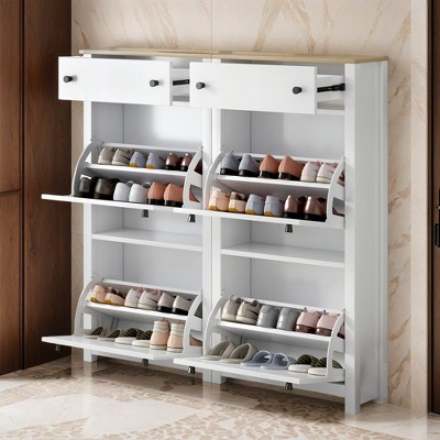 Slim Tipping Bucket Shoe Cabinet Set with 4 Flip Drawers, Wood Grain Pattern Top Shoe Storage Solution with Adjustable Panel - Leovsnove