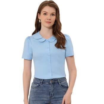 YYDGH Womens Short Sleeve Button DownShirts V Neck Collared Work Office  Shirt Tops Blue L 