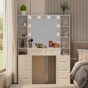 FONTOI 44"W Makeup Vanity Desk with Mirror and Lights 7 Drawers and Open Storage Shelves for Bedroom Dressing Room, White, 44.09"*15.75"*57.09" - 1 of 4